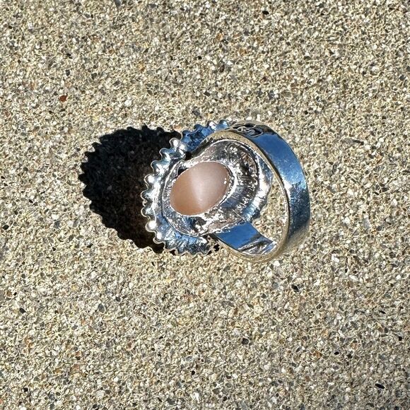 NEW Oval Peach Pink Cream Rose Quartz Vintage-inspired Silver Art Deco Ring Sz 9 - Picture 11 of 13